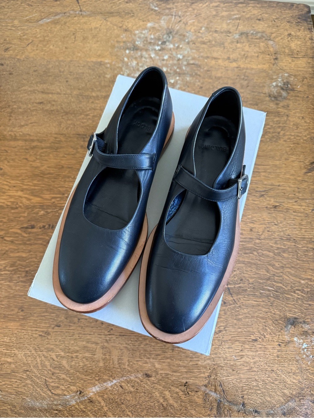 Building Block Black Mary Jane Flats with Tan Sole